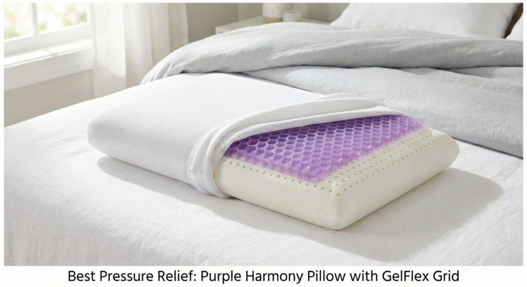 Purple Harmony pillow showing innovative GelFlex Grid technology and latex base